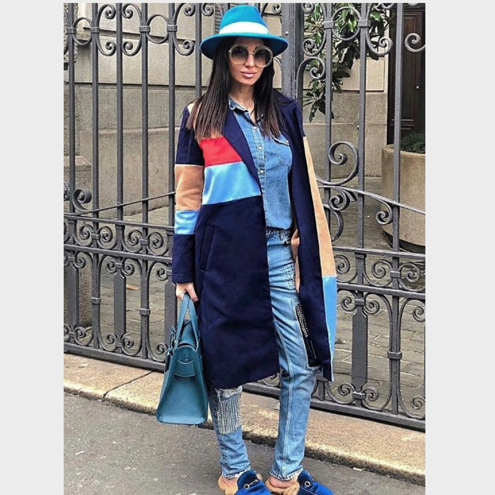 Blue Color Block Midi Coat w/Pockets - Picture 6 of 6